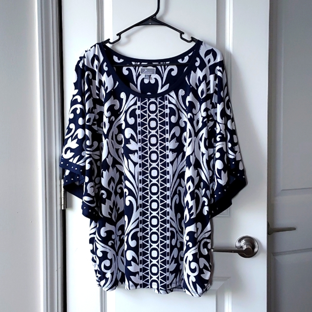 JM collection short sleeve wing blouse xxl blue white with decorative beads